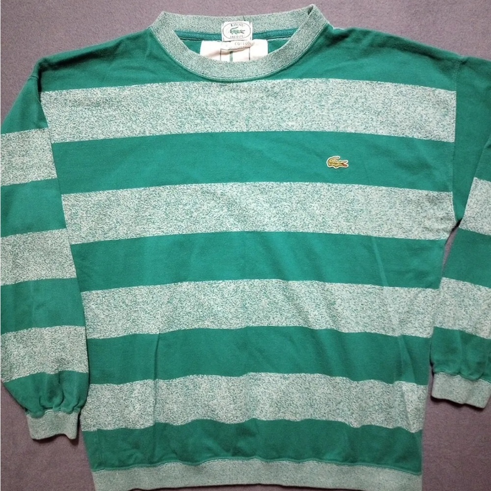 Vintage Lacoste Crew Neck Sweatshirt Men's Size Large Green Striped 80s 🐊